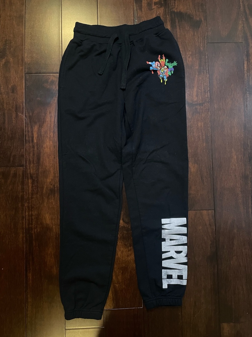 Marvel Black Sweatpants with White Logo and Multicolor Character Patch